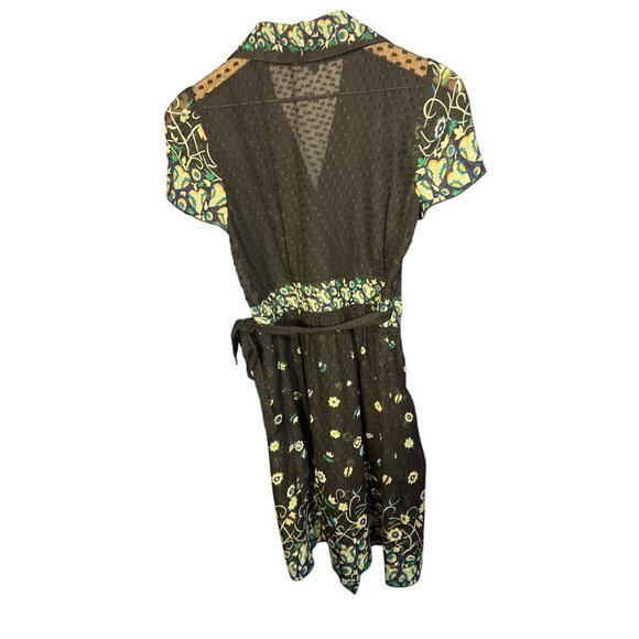 Anna Sui Womens Sheer Wrap Dress Size 4 Black With Floral Accents Short Sleeves - Picture 5 of 5